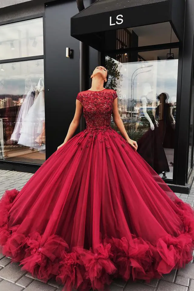 Red Tulle Appliques Ball Gown Prom Dress, Sweet 16 Dress,Quinceanera Dresses OK920