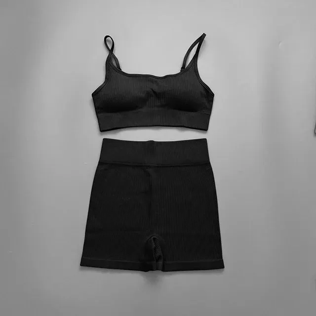 Ribbed Seamless Yoga Set for Women - Long Sleeve Crop Top and Sports Bra