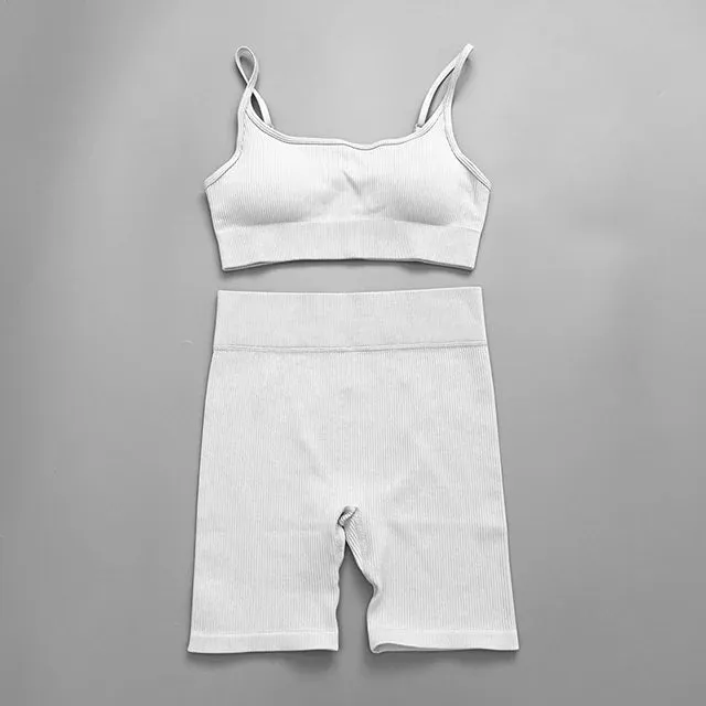 Ribbed Seamless Yoga Set for Women - Long Sleeve Crop Top and Sports Bra