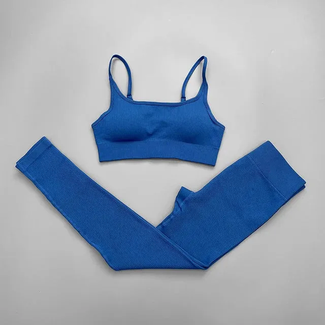 Ribbed Seamless Yoga Set for Women - Long Sleeve Crop Top and Sports Bra