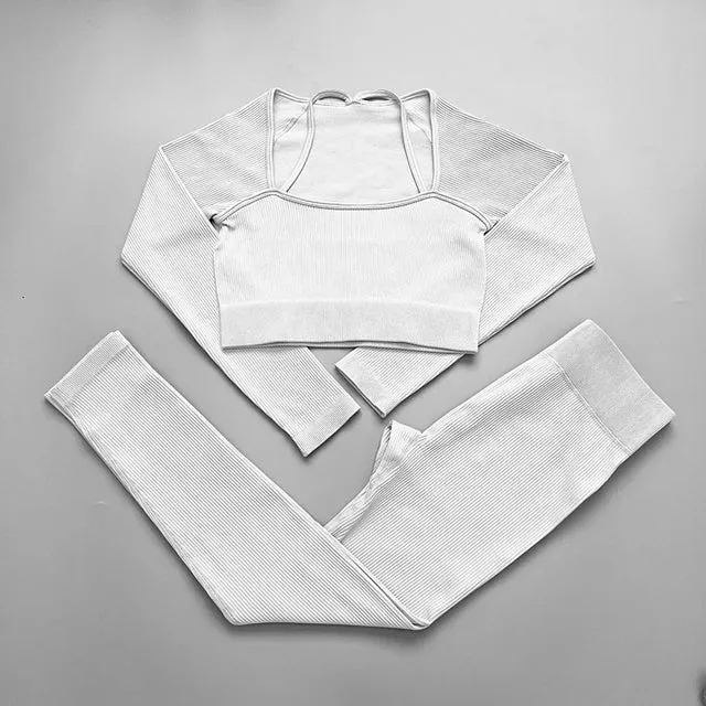 Ribbed Seamless Yoga Set for Women - Long Sleeve Crop Top and Sports Bra