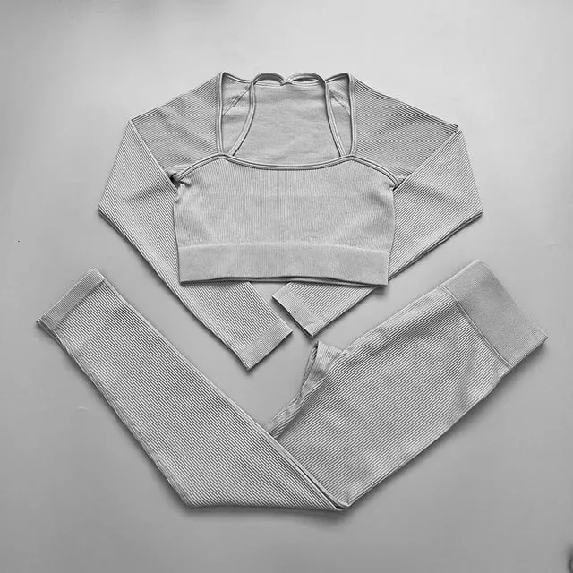 Ribbed Seamless Yoga Set for Women - Long Sleeve Crop Top and Sports Bra