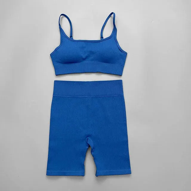 Ribbed Seamless Yoga Set for Women - Long Sleeve Crop Top and Sports Bra