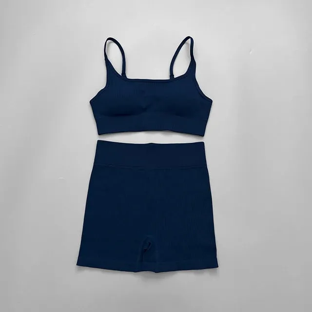 Ribbed Seamless Yoga Set for Women - Long Sleeve Crop Top and Sports Bra