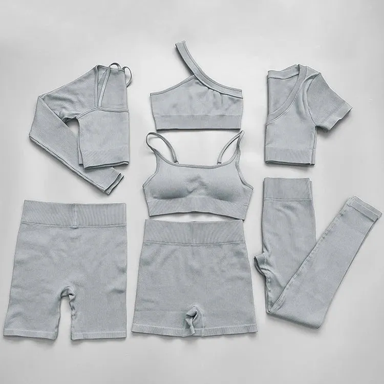 Ribbed Seamless Yoga Set for Women - Long Sleeve Crop Top and Sports Bra