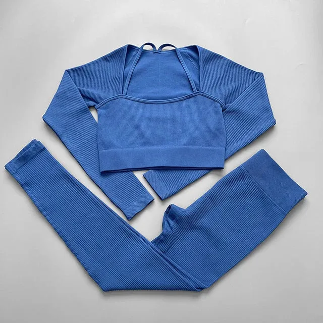 Ribbed Seamless Yoga Set for Women - Long Sleeve Crop Top and Sports Bra