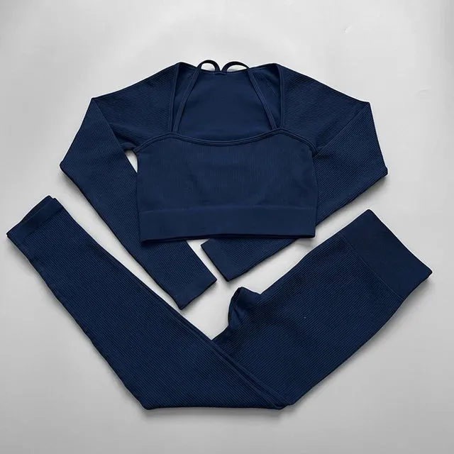 Ribbed Seamless Yoga Set for Women - Long Sleeve Crop Top and Sports Bra
