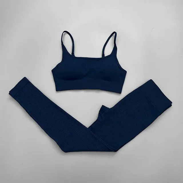 Ribbed Seamless Yoga Set for Women - Long Sleeve Crop Top and Sports Bra