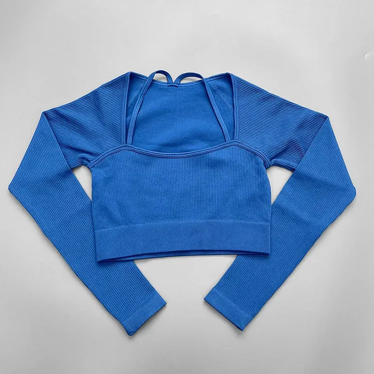 Ribbed Seamless Yoga Set for Women - Long Sleeve Crop Top and Sports Bra