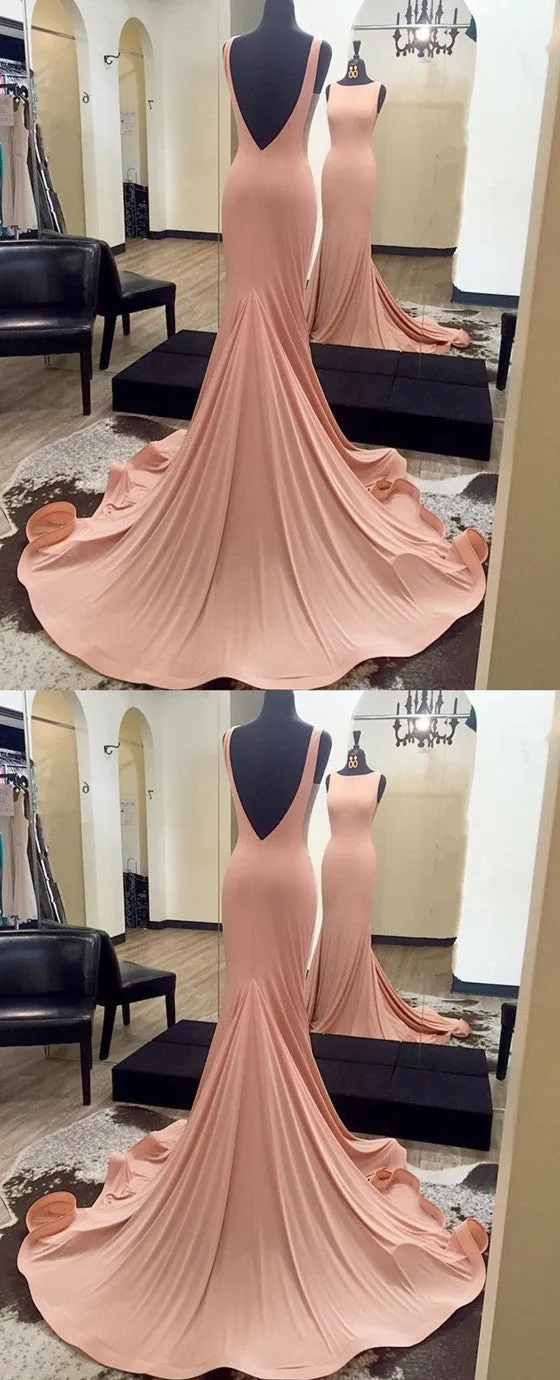 Round Neck Backless Simple Cheap Prom Dresses With Train, PD0587