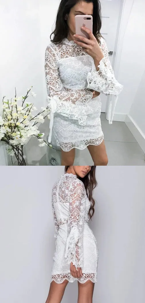 Round Neck Long Sleeves Lace See-though Homecoming Dresses, HD0531