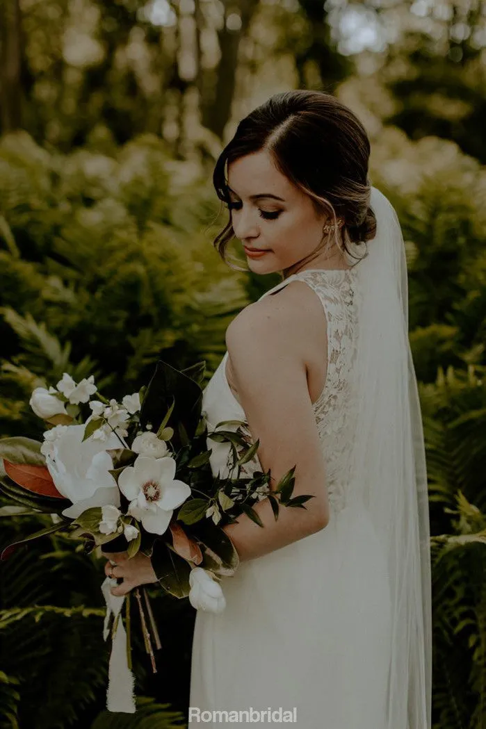 Round Neck Sleeveless Lace Back Wedding Dresses With Train, WD0441