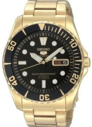 Seiko 5 Sports Automatic 100M Diver Gold Tone Date Day Display SNZF22