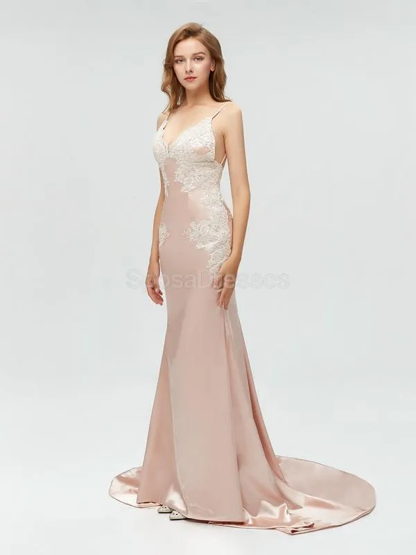 Sexy Backless V Neck Lace Mermaid Long Evening Prom Dresses, 17520