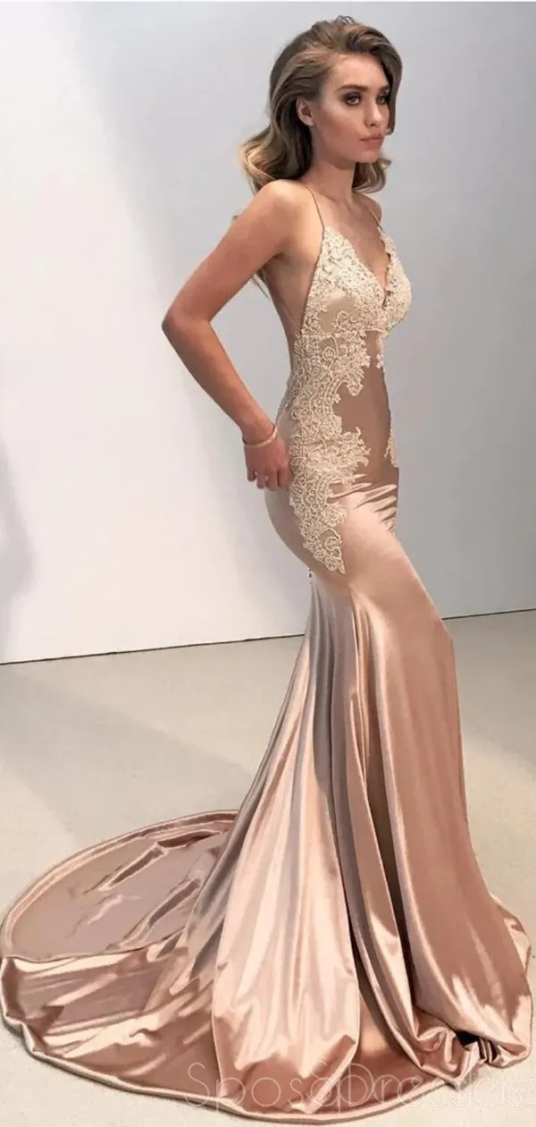 Sexy Backless V Neck Lace Mermaid Long Evening Prom Dresses, 17520