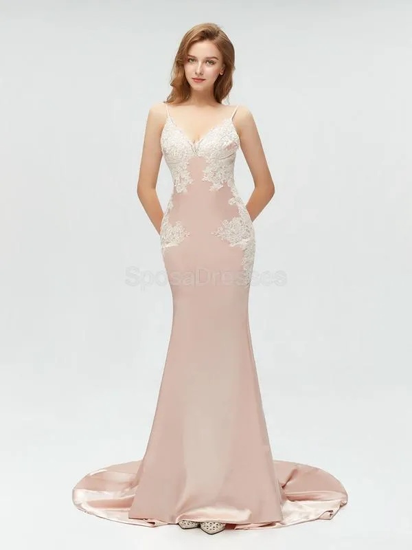 Sexy Backless V Neck Lace Mermaid Long Evening Prom Dresses, 17520