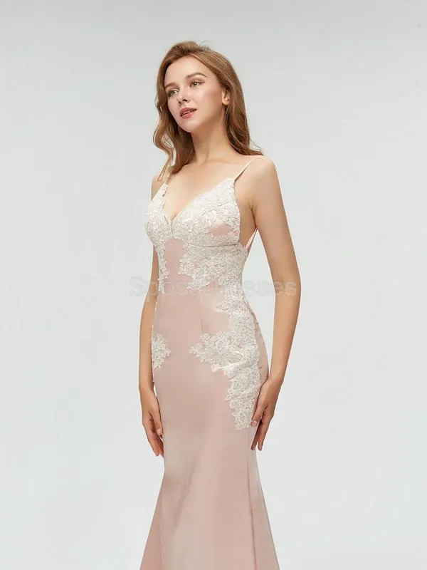 Sexy Backless V Neck Lace Mermaid Long Evening Prom Dresses, 17520