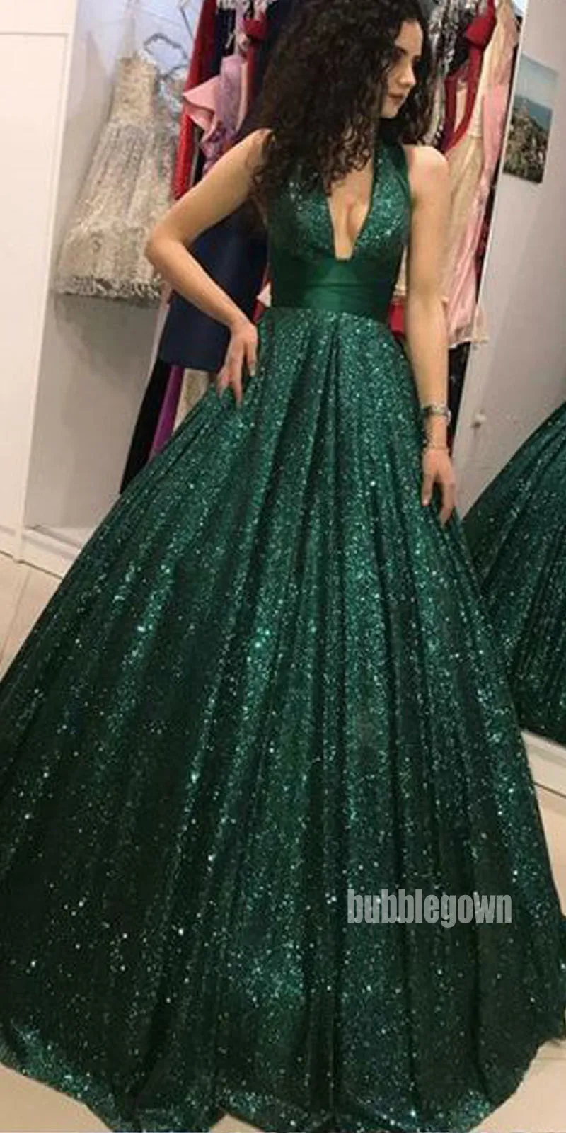 Sexy Dazzling Green V-neck Long Prom Dress  FP1201