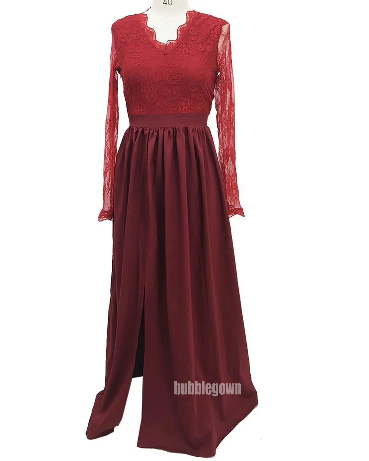 Sexy Lace Long Sleeve Split Side Long Prom Dresses FP1173