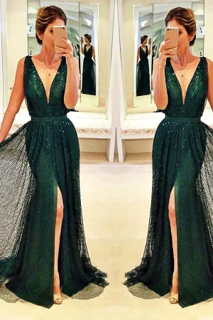 Sexy Sleeveless V-Neck Front Split Sleeveless Sequined Dark Green Prom Dresses OK399