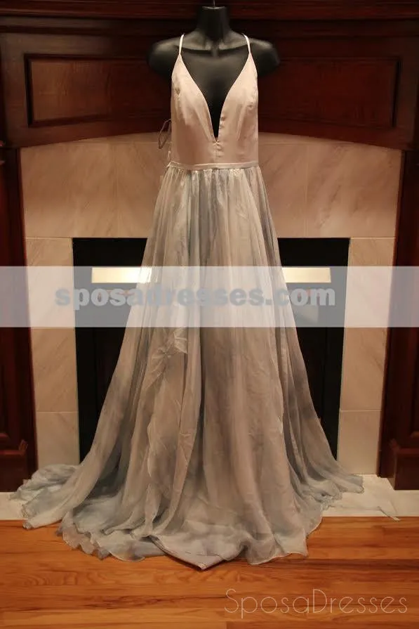 Sexy Spaghetti Straps Deep V Neck Chiffon Long Evening Prom Dresses, 17651