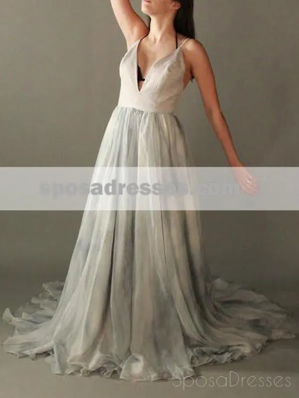 Sexy Spaghetti Straps Deep V Neck Chiffon Long Evening Prom Dresses, 17651
