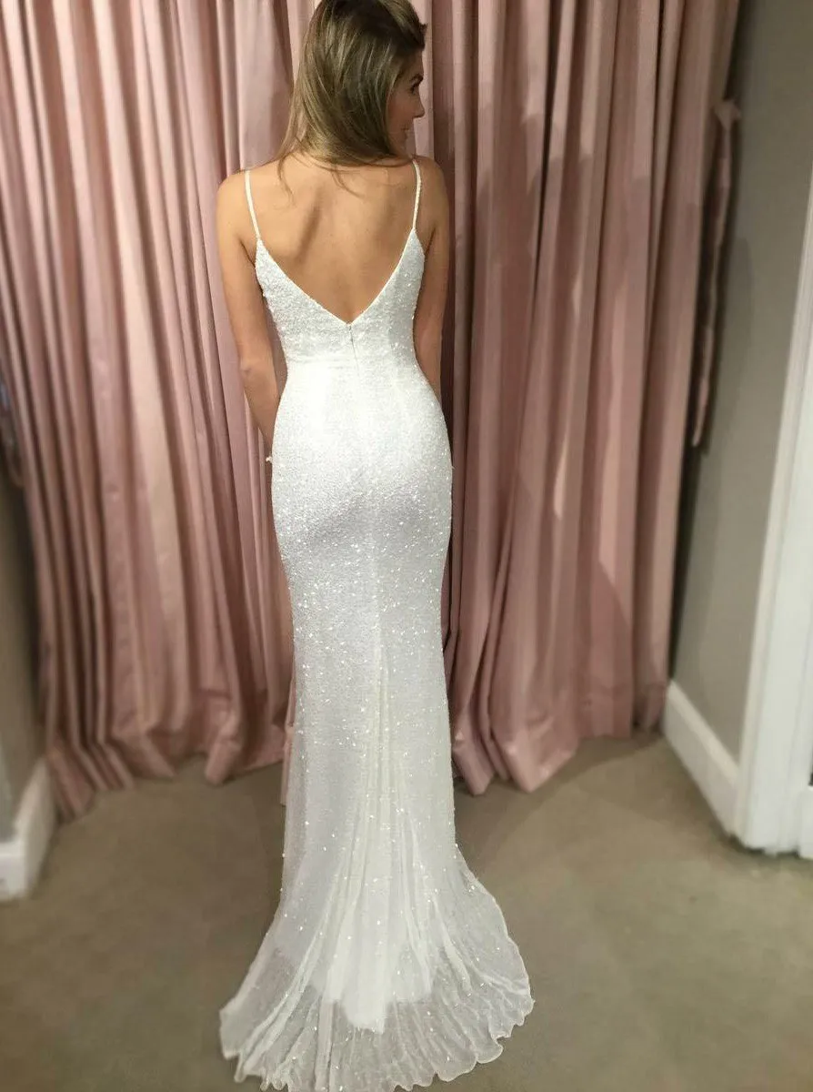 Sheath Spaghetti Straps V-neck Shining Cheap Prom Dress, PD0716