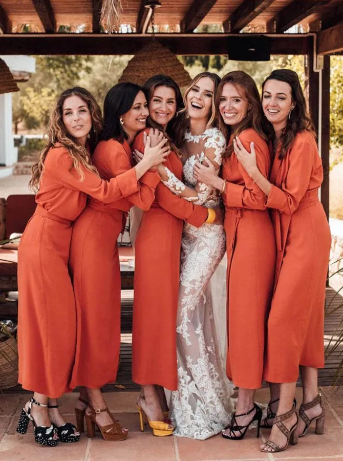 Sheath V-neck Long Sleeves Chiffon Bridesmaid Dresses With Split, BD0597