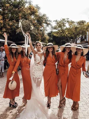 Sheath V-neck Long Sleeves Chiffon Bridesmaid Dresses With Split, BD0597