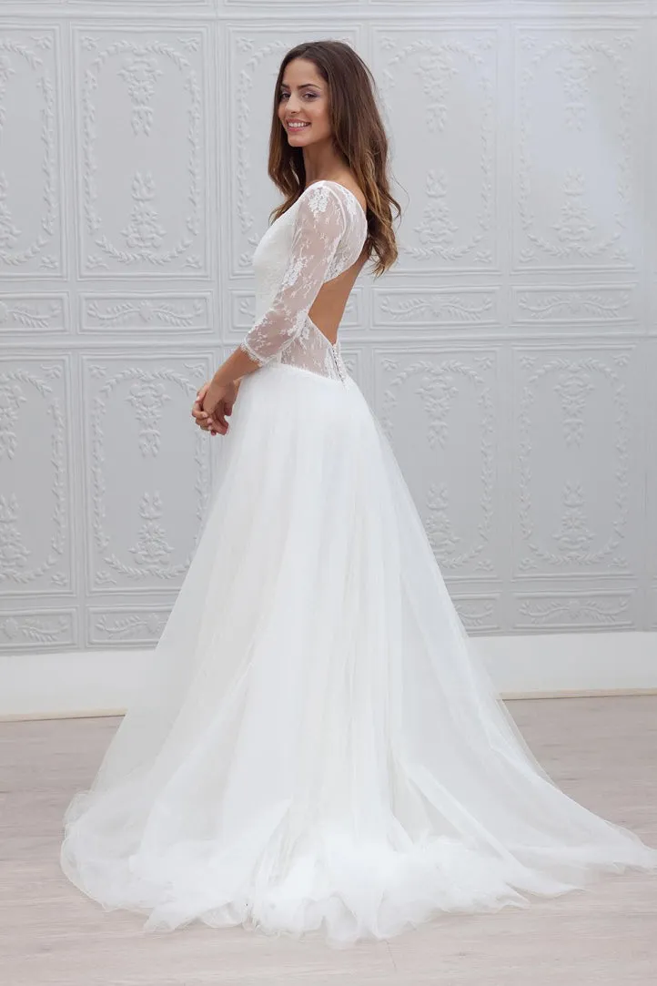 Simple 3/4 Sleeves Open Back V neck Charming Tulle Wedding Dresses OK797