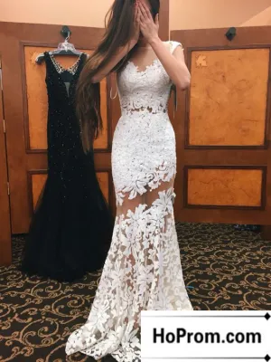 Sleeveless White Applique Long Prom Dress Evening Dresses