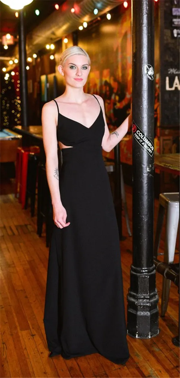Spaghetti Straps A-line Floor-length Black Jersey Bridesmaid Dresses, BD0568