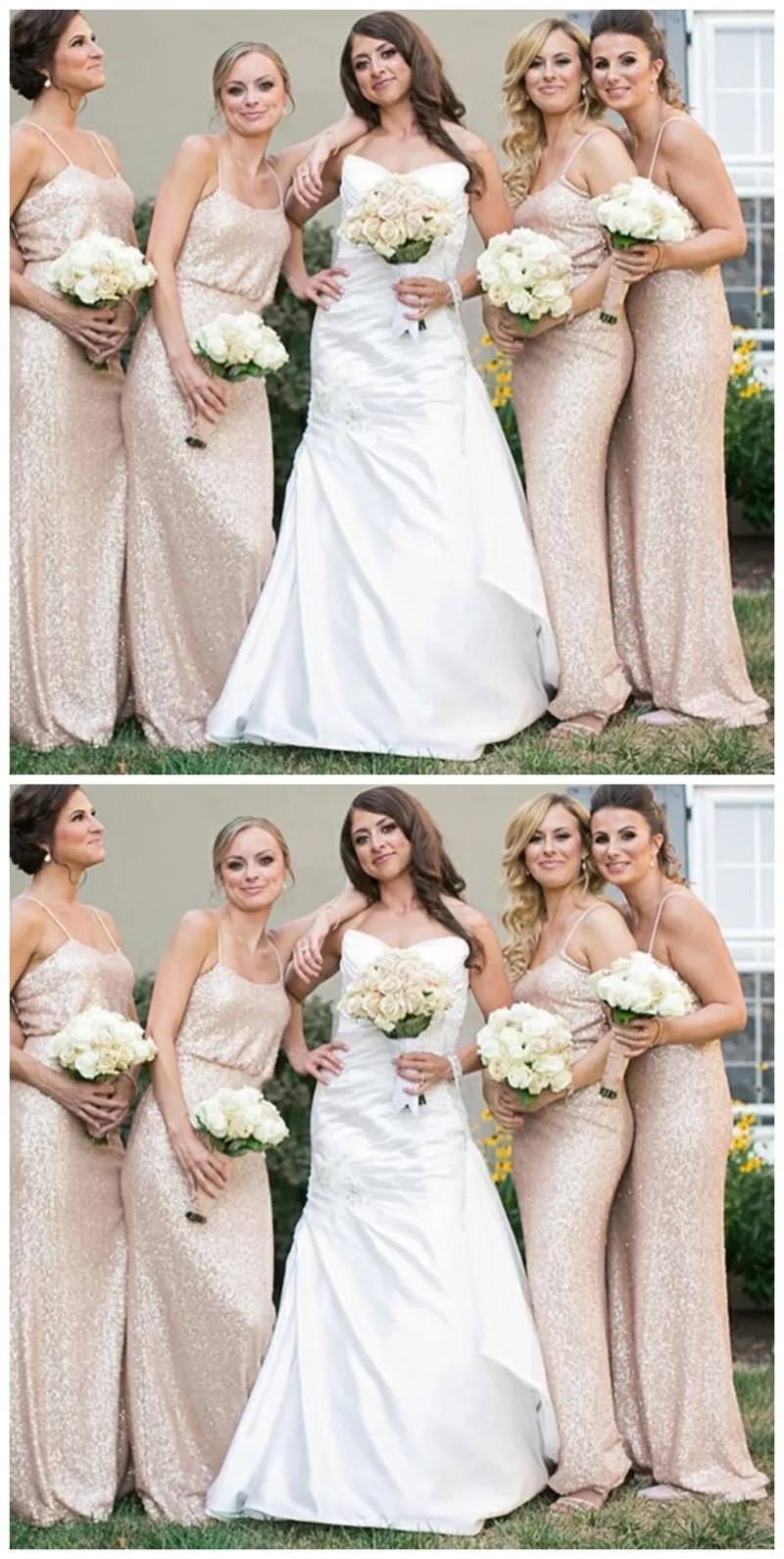 Spaghetti Straps Cheap Long Sequin Gold Bridesmaid Dresses With Sleeves, WG219