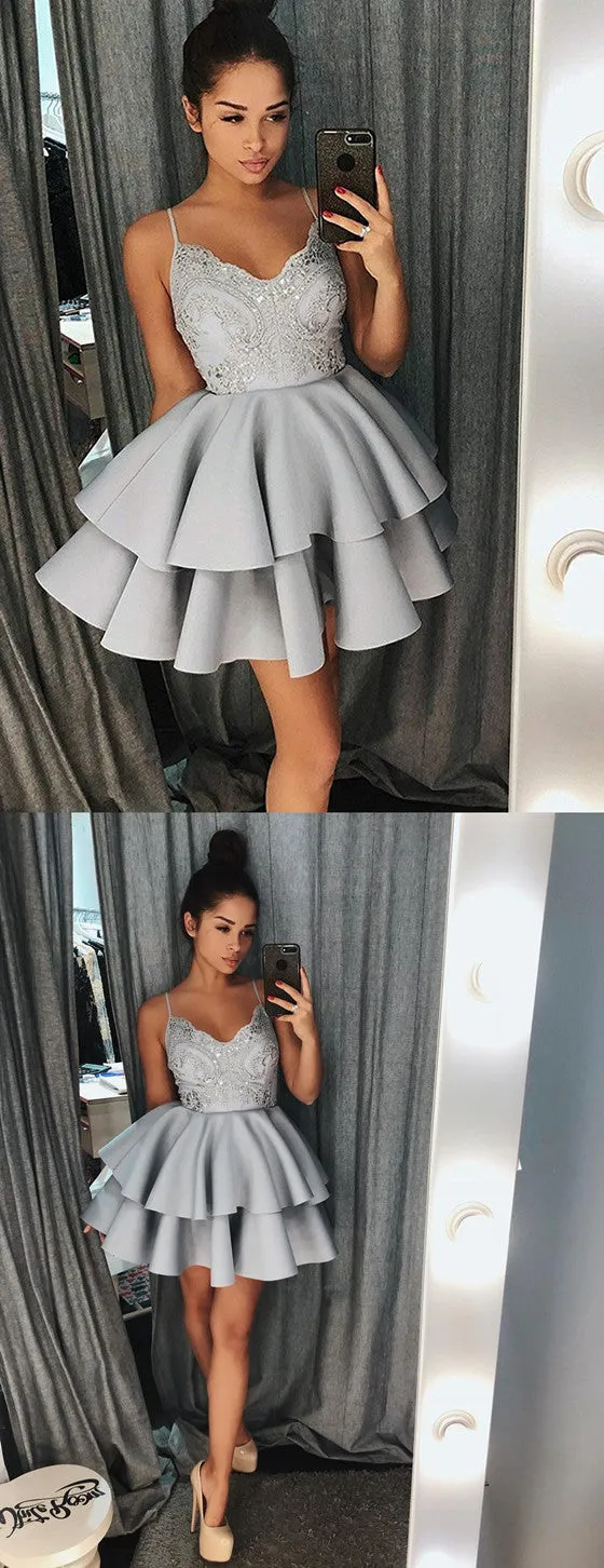 Spaghetti Straps Lace Appliques Grey Short Juniors Pleat Homecoming Dresses, HD0377