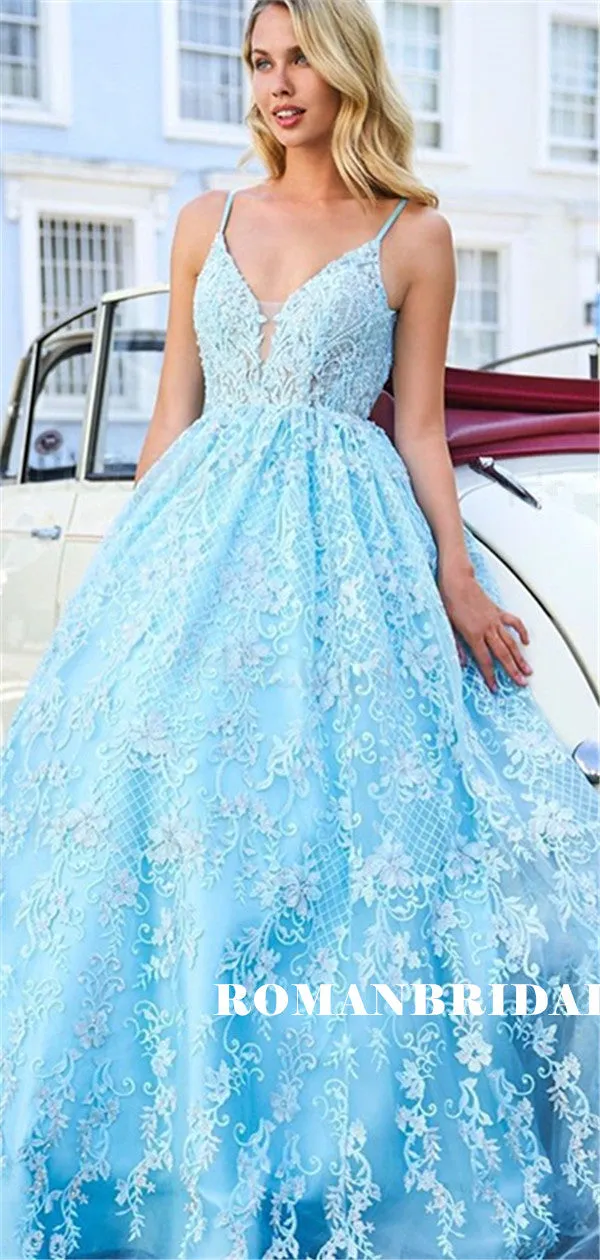 Spaghetti Straps V-neck Appliques Beading Long Tulle Prom Dresses, PD0851
