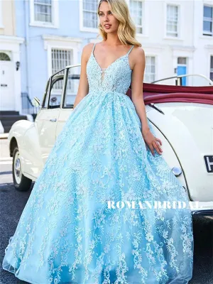 Spaghetti Straps V-neck Appliques Beading Long Tulle Prom Dresses, PD0851