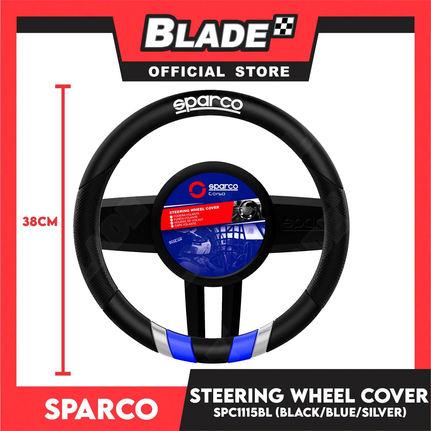 Sparco SPC1115BL Steering Wheel Cover (Black/Blue/Silver) for Toyota, Mitsubishi, Honda, Hyundai, Ford, Nissan, Suzuki, Isuzu, Kia, MG and more