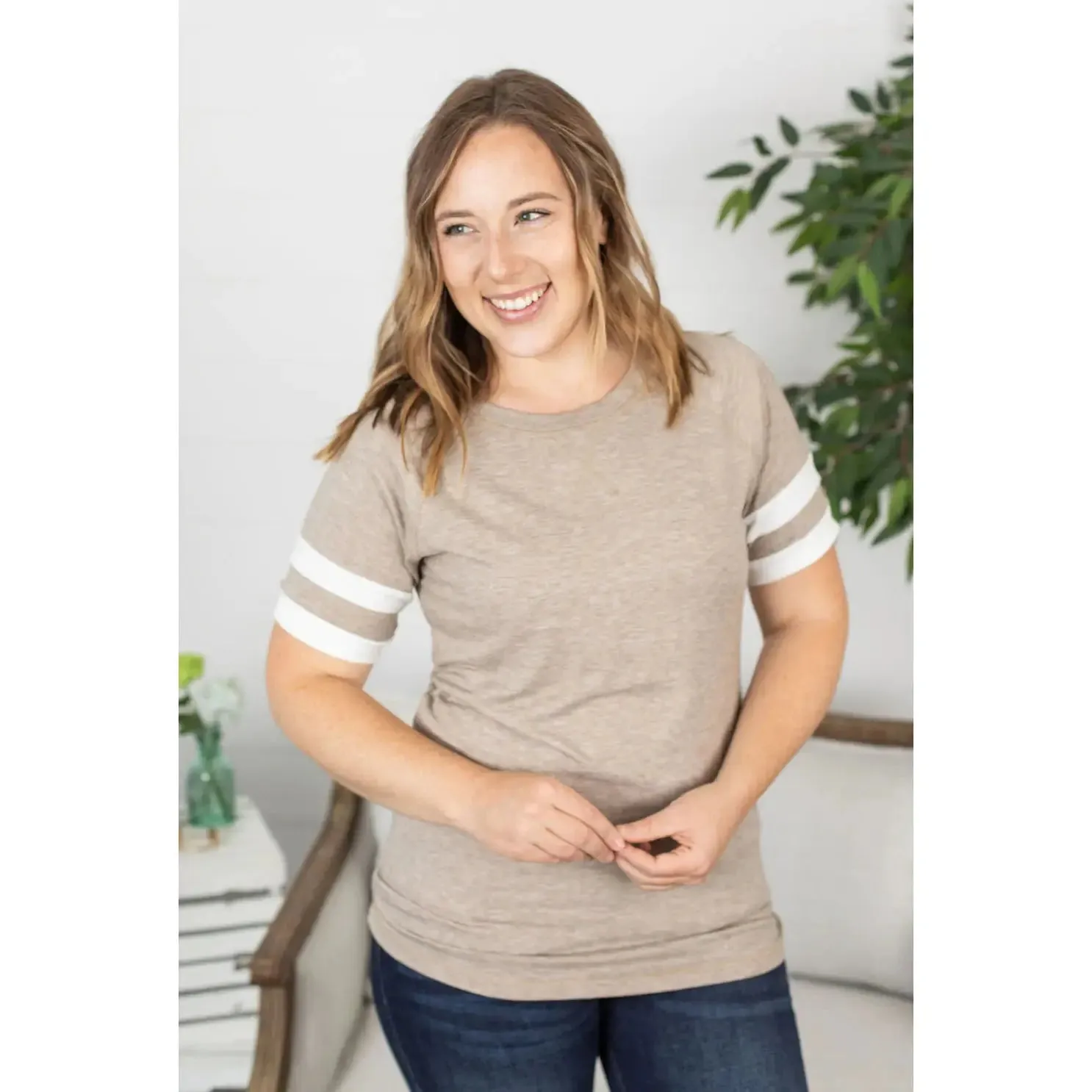 Sports Tee Tan with  White Stripes on Sleeves