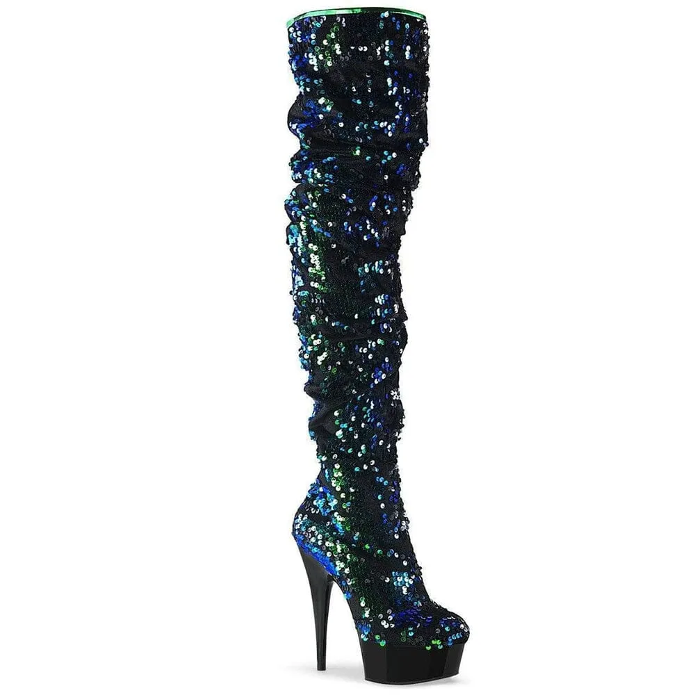 SS-DELIGHT-3004 Exotic Thigh Boot | Green Sequins