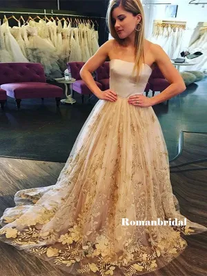 Strapless Sleeveless Lace Appliques Long Tulle Prom Dresses, PD0844