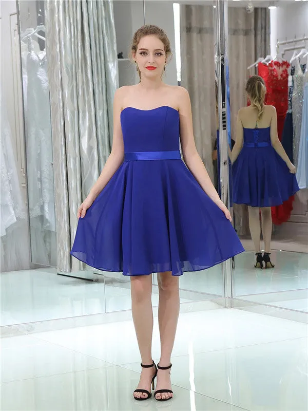 Strapless Sweetheart Simple Blue Chiffon Homecoming Dresses, HD0504