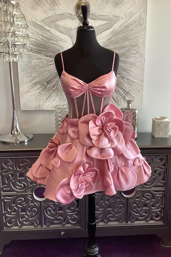 Straps Pink Corset Homecoming Dress With Rosette TN409