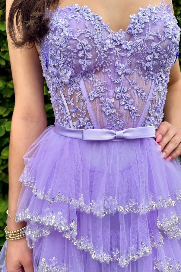 Straps Sequined Multi-Layers Floral Long Prom Dress with Slit TP1322
