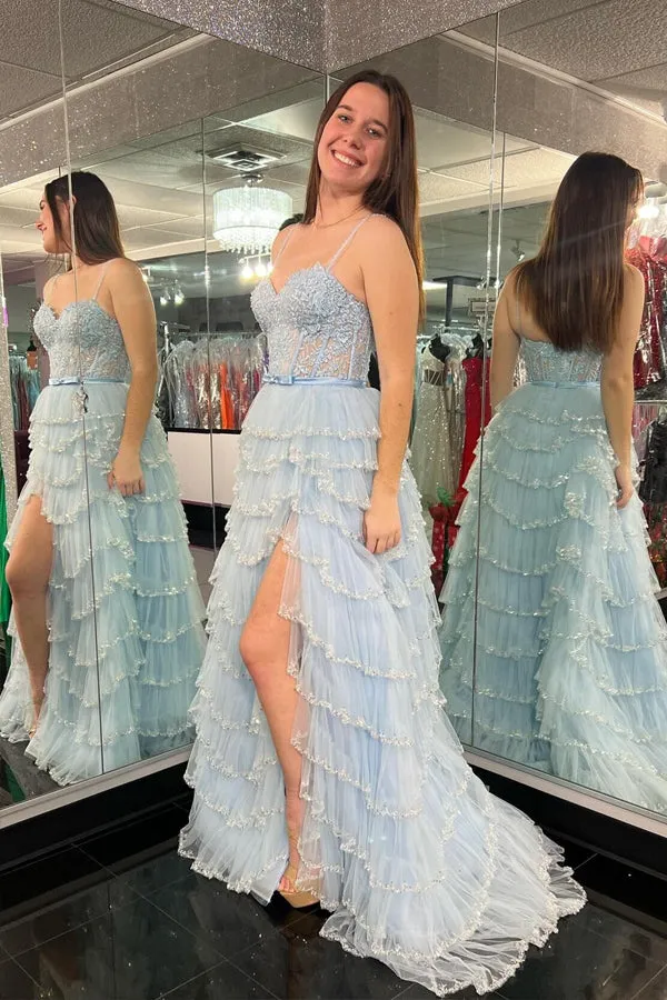 Straps Sequined Multi-Layers Floral Long Prom Dress with Slit TP1322