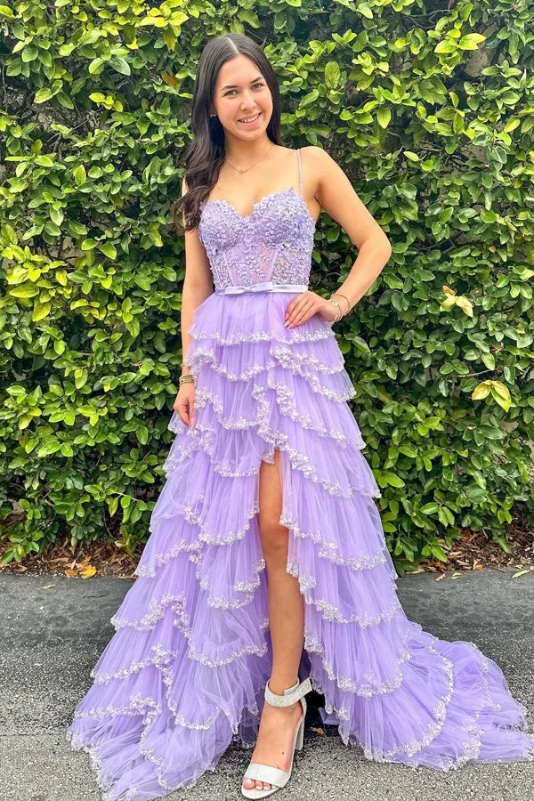 Straps Sequined Multi-Layers Floral Long Prom Dress with Slit TP1322