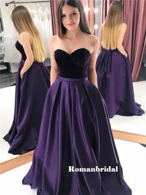 Sweetheart A-line Strapless Velevt Top Prom Dresses With Pockets, PD0791