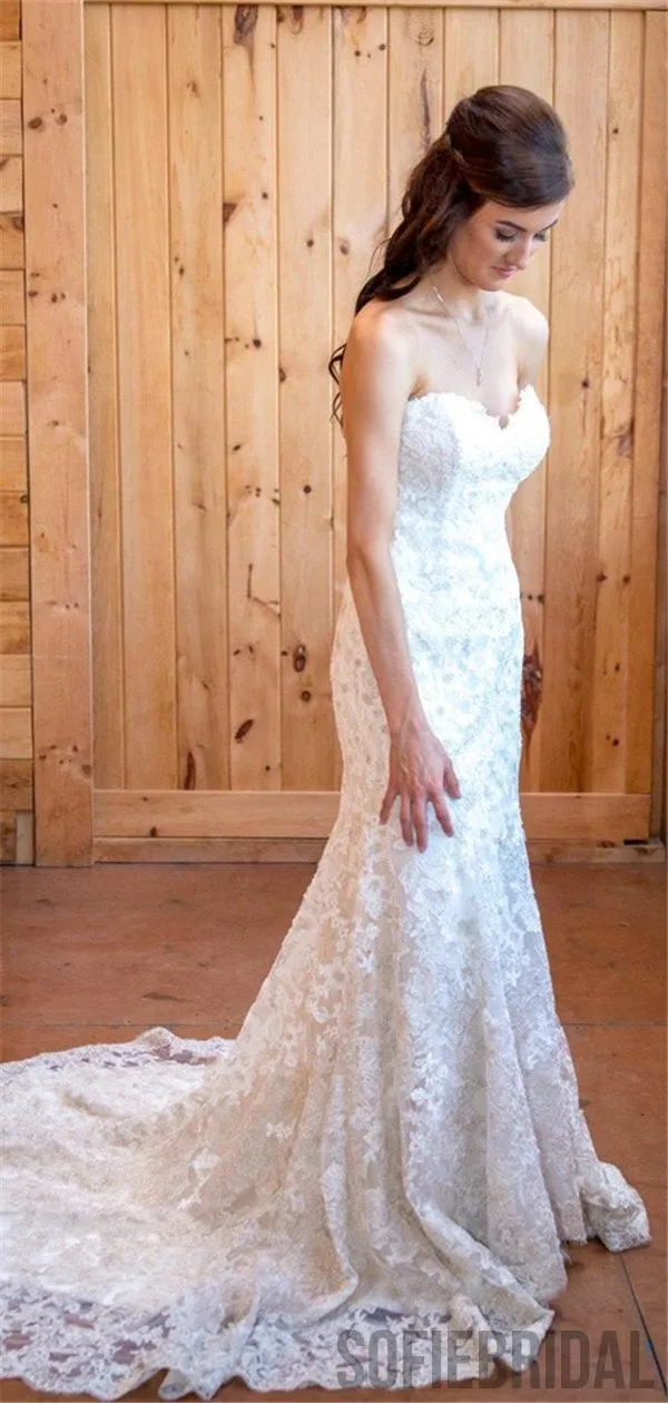 Sweetheart Backless Full Lace Wedding Dresses With Train, WD0472