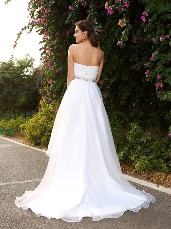 Sweetheart Beading Sleeveless Short front Long Behind Organza Cheap Wedding Dress, WD0374