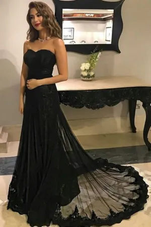 Sweetheart Black Tulle Lace Long Prom Dress For Teens,Graduation Party Dresses OK884