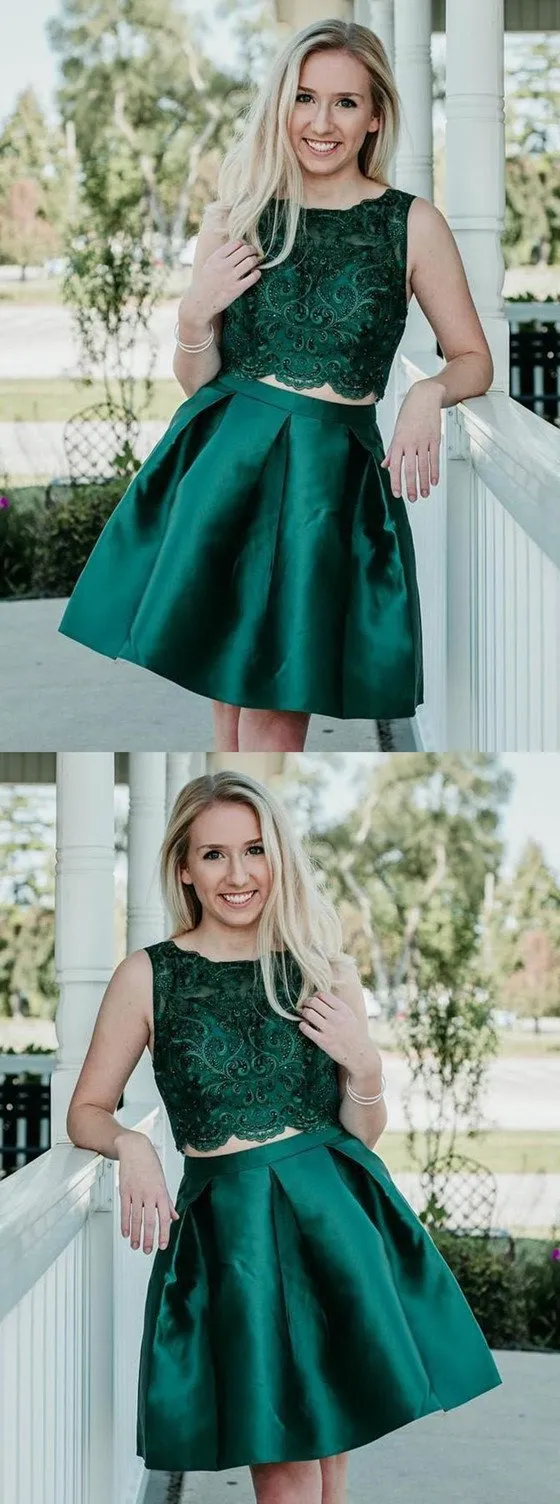 Two Pieces Beading Sleeveless Green Lace Appliques Short Homecoming Dress, HD0415